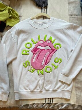 the Rolling Stones White Sweatshirt with Pink Tongue and Neon Green Logo